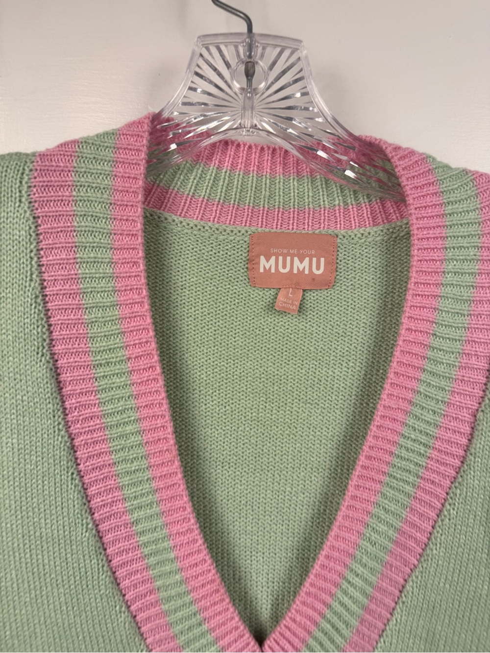 Show Me Your MuMu Mint V-Neck Sweater Dress with Pink Trim - Picture 3 of 4